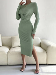 Knot Pleated Solid Color Split-side Tied Bodycon Long Sleeves Round-neck Midi Dresses