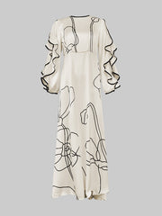 Loose Contrast Color Falbala Flower Print Hollow Zipper Maxi Dresses