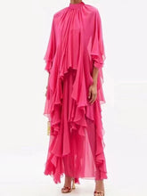 Solid Color Tiered Loose Raglan Sleeve Stand Collar Maxi Dresses