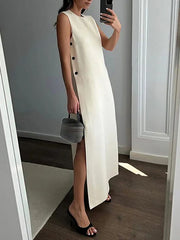 Solid Color Split-side Loose Sleeveless Round-neck Maxi Dresses
