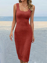 Solid Color Split-Side Striped Skinny Sleeveless U-Neck Midi Dresses