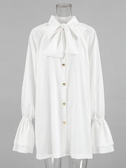 Buttoned Elasticity Pleated Solid Color Tied Zipper A-Line Flared Sleeves Stand Collar Mini Dresses