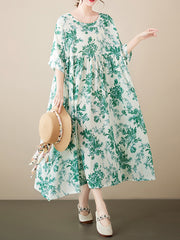 Floral Printed Pleated Split-Joint Loose Short Sleeves Round-Neck Midi Dresses