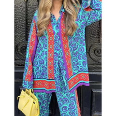 Exotic Style Single-breasted Print Two Piece Set