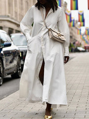 Buttoned Pockets Solid Color Long Sleeves Loose Lapel Shirt Dress Maxi Dresses