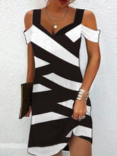 Contrast Color Hollow Printed A-Line High Waisted Cold Shoulder Mini Dresses