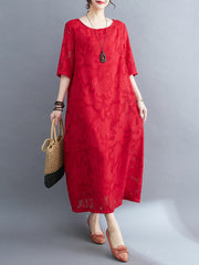 Jacquard See-Through Solid Color Loose Three-quarter Sleeves Round-neck Midi Dresses