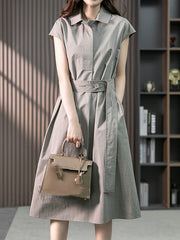 Bandage Solid Color Plus Size Short Sleeves Lapel Midi Dresses