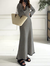 Contrast Color Striped Tied High Waisted Long Sleeves Round-Neck Sweater Dresses Midi Dresses
