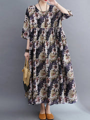 Floral Printed Pleated Split-Joint Loose Raglan Sleeve Round-Neck Midi Dresses