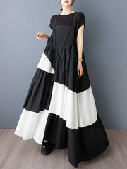 Asymmetric Buttoned Pleated A-Line Loose Spaghetti-Neck Suspender Dress Maxi Dresses