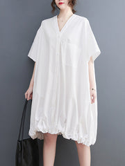 Solid Color Loose Short Sleeves V-neck Midi Dresses