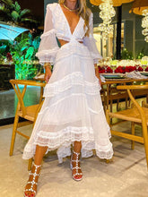 Gauze Empire Plunging Long Sleeves Midi Dress