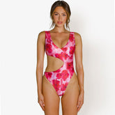 Cutout High Leg V Neck One Piece Swimsuit - Red