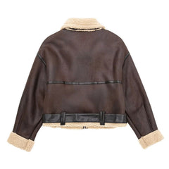 Fleeced Buckle Trim Cropped Coat - Brown