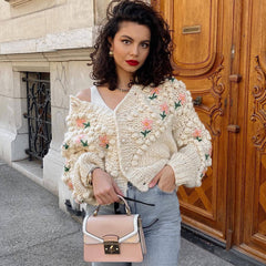 Long Sleeve Button Up Crochet Floral Cardigan - Apricot