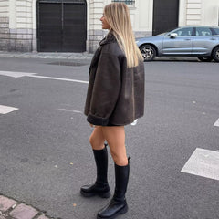 Notch Collar Button Up Long Sleeve Faux Suede Shearling Coat - Coffee