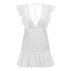 Summer Bohemian Beach Boho Dress Embroidery Lace White Dress Deep V Neck Backless Mini Dress Ruffle Holiday Sundress