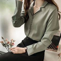 Woman's Social Blouse Solid V Neck Shirt Female Long Sleeve Tunic Office Career Plus Size Tops 3XL 4XL