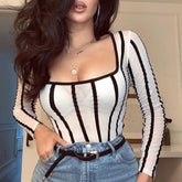 High Street White Scoop Neck Mesh Sheer Striped Long Sleeve Rompers Body Fishnet Top Fashion See through Jumpsuits Outfits