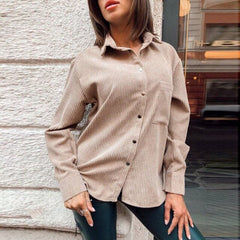 Casual Pockets Corduroy Velvet Blouse Long Sleeve Turn Down Collar Solid Office Lady Shirt Winter Fashion Tops