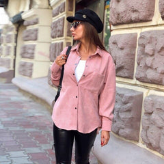 Casual Pockets Corduroy Velvet Blouse Long Sleeve Turn Down Collar Solid Office Lady Shirt Winter Fashion Tops