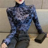 Girls Transparent Flocking Mesh Blouses Shirts Tees Female Turtleneck Full Sleeve Blouses Tops For Women