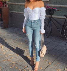 Off Shoulder Shirt Blouse Lady Girls Fashion Back Bandage Slim Bustier Female Leotard Corset Ladies' Solid Tops Wear