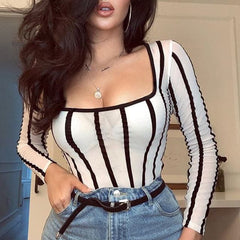 High Street White Scoop Neck Mesh Sheer Striped Long Sleeve Rompers Body Fishnet Top Fashion See through Jumpsuits Outfits