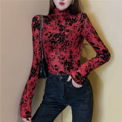 Girls Transparent Flocking Mesh Blouses Shirts Tees Female Turtleneck Full Sleeve Blouses Tops For Women