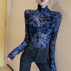 Girls Transparent Flocking Mesh Blouses Shirts Tees Female Turtleneck Full Sleeve Blouses Tops For Women