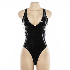V Neck Sleeveless Leather Black Bodysuits