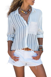 WhiteRed Casual Roll up Sleeve Stripe Pocket Loose Shirt Turn Down Collar Single Buttons with Pocket Blouse Tops