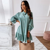 Vintage Ruffled Front Button A line Dress Long Sleeve Stand Collar Solid Elegant Casual Mini Dress Autumn New Dress
