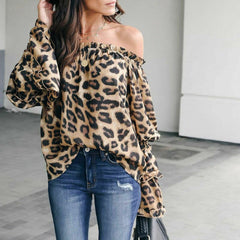 Leopard Print Long Sleeve Blouse Autumn Ladies Off Shoulder Loose Tops Shirt Casual Loose Blouse Tops