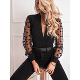 Women's Deep V neck Transparent Polka Dot Blouse
