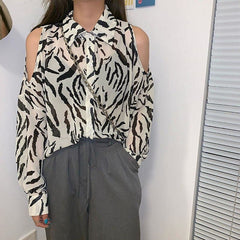 Printed Shirt Off The Shoulder Blouses Loose Long sleeved Shirt Retro Female Blouses