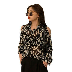 Printed Shirt Off The Shoulder Blouses Loose Long sleeved Shirt Retro Female Blouses