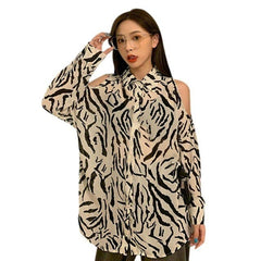 Printed Shirt Off The Shoulder Blouses Loose Long sleeved Shirt Retro Female Blouses