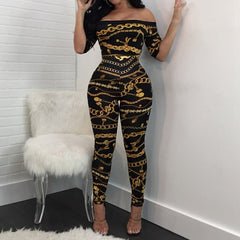 Summer Chain Vintage Print High Waist Off Shoulder Jumpsuit