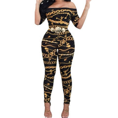 Summer Chain Vintage Print High Waist Off Shoulder Jumpsuit