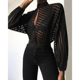 French Style Gauze Mesh Net Loose Blouse Sheer Long Sleeve Ladies Shirt Black Front Hollow Lantern Vague Look Stripe