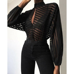 French Style Gauze Mesh Net Loose Blouse Sheer Long Sleeve Ladies Shirt Black Front Hollow Lantern Vague Look Stripe