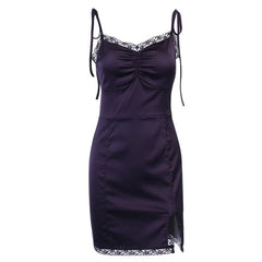 Spaghetti Straps Bodycon Gothic Black Dress Streetwear Black Lace Up Mini Female Dress Casual Purple Dress