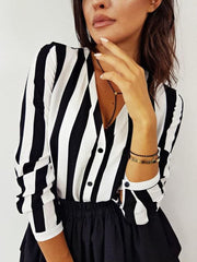 Summer Striped Shirt Black White Elegant V Neck Button Blouse OL Casual Loose Tops Vintage