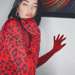 Vintage Red Leopard Print Long Sleeve Skinny Bodysuits