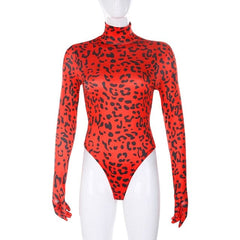 Vintage Red Leopard Print Long Sleeve Skinny Bodysuits