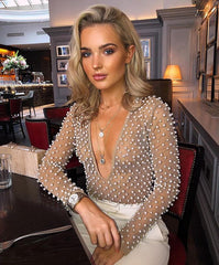 Sinly Beach Fashion V Neck Mesh Beading Pearl Khaki Bodysuit Celebrity Designer Fashion Beachwear Bodysuit