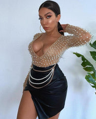Fashion V Neck Mesh Beading Pearl Bodysuits