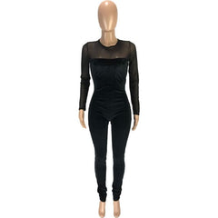 Sheer Mesh Patchwork Velvet Jumpsuit Long Sleeve Skinny Rompers Womens Jumpsuit Elegant Slim Bodycon Overalls